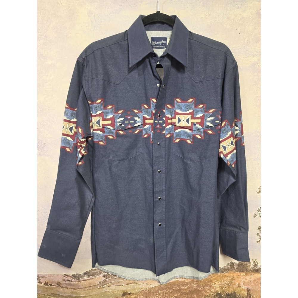 Vintage 90s Wrangler Western Pearl Snap Shirt Blue Aztec Southwestern Mens Small